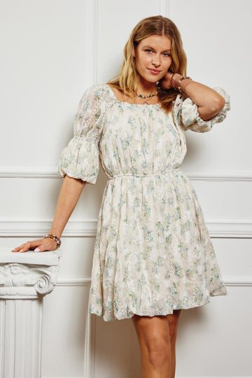 HY8130 Cream Womens Floral Printed Mesh Puff Sleeve Dress Editorial